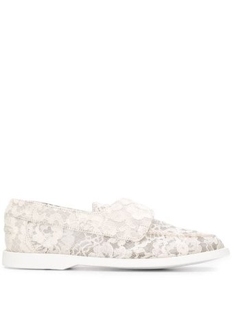 Le Silla Floral Lace Embroidered Slip-On Loafers 6194Q020M1PPLAC White | Farfetch