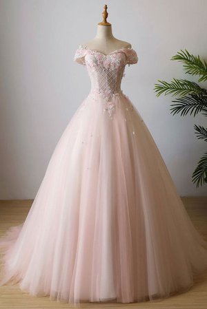 Unique pink off shoulder 3D flower long prom dress, tulle beaded evening dress M0372
