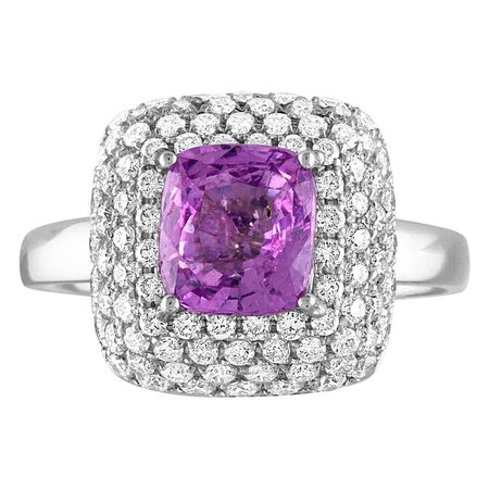GIA Certified 1.92 Carat No Heat Cushion Purple Sapphire Diamond Pave Gold Ring For Sale at 1stDibs