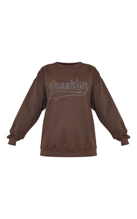 Chocolate Brooklyn Slogan Washed Sweatshirt | PrettyLittleThing USA