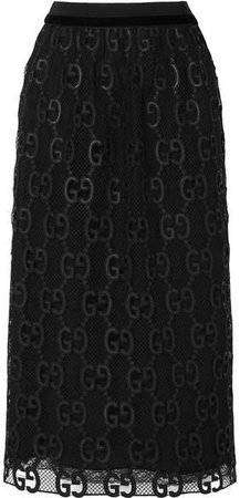 Velvet And Grosgrain-trimmed Macramé Lace Midi Skirt - Black