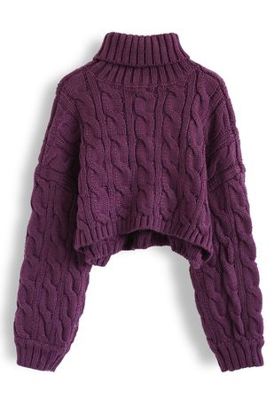 Turtleneck Braid Knit Crop Sweater in Berry - Retro, Indie and Unique Fashion