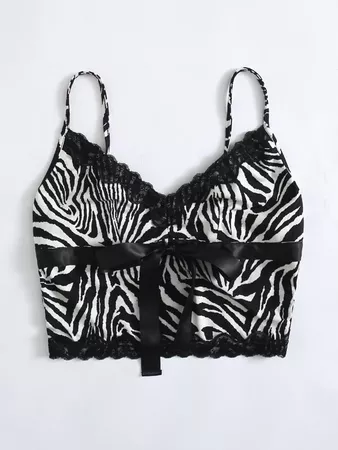 black Bow Front Lace Trim Zebra Striped Cami Top | SHEIN USA