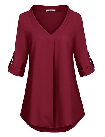 Amazon.com: Diphi LiLi Women Notched V Neck Long Sleeve Chiffon Tunic Shirt Blouse Top Wine: Clothing
