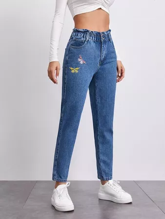 Paperbag Waist Embroidered Butterfly Mom Jeans | ROMWE USA