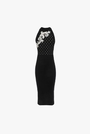 Mid Length Black Knit Dress With Silver Embroidery for Women - Balmain.com