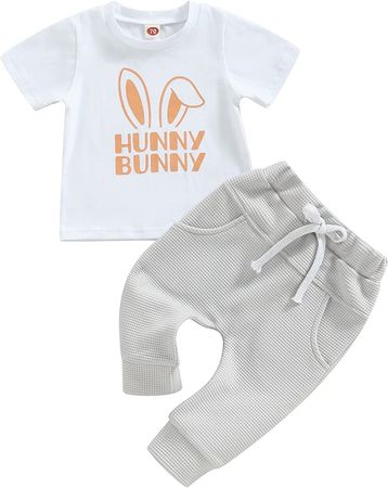 Toddler Infant Baby Boy Easter Outfit Bunny Letter Printed T-Shirt Tops and Jogger Pants Set Summer Clothes (Hunny Bunny,12-18 Months) : Clothing, Shoes & Jewelry