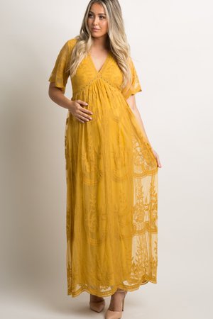 Mustard Lace Mesh Overlay Maternity Maxi Dress