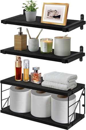 Amazon.com: TJ.MOREE Bathroom Shelves Over Toilet Floating Shelves for Wall Rustic with Toilet Paper Wire Basket, Farmhouse Floating Shelf for Bedroom, Living Room, Kitchen, Wall Decoration (Black) : Home & Kitchen