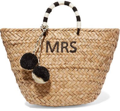 St Tropez Pompom-embellished Embroidered Woven Straw Tote - Black