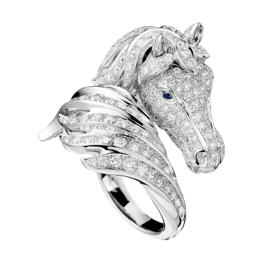 BOUCHERON, PÉGASE, THE HORSE RING DIAMONDS Ring set with pavé diamonds and two cabochon sapphires, in white gold