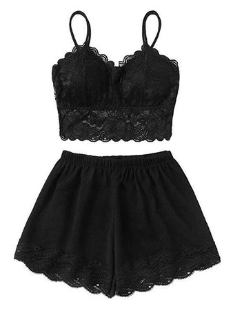 SheIn Women's Lace Bralette Cami and Shorts Pajamas Set Sleepwear one-Size Black at Amazon Women’s Clothing store: