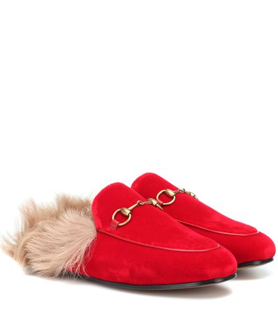 Princetown Fur-Lined Velvet Slippers | Gucci - mytheresa.com
