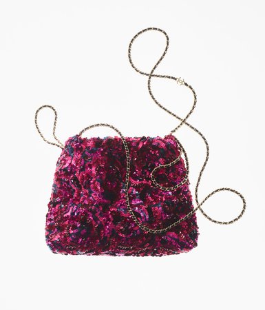 Bucket Bag, embroidered satin, sequins & gold-tone metal, pink & navy blue - CHANEL