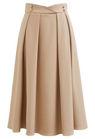 Button Embellished Waist Pleated Midi Skirt in Sand - Retro, Indie and Unique Fashion