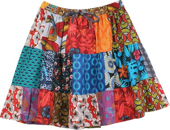 Funky Boho Mini Skirt with Floral Patchwork | Short-Skirts | Multicoloured | Tiered-Skirt, Dance, Floral, Printed, Junior-Petite