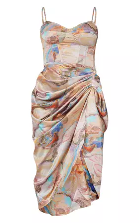 Multi Marble Satin Ruched Skirt Corset Midi Dress | PrettyLittleThing USA