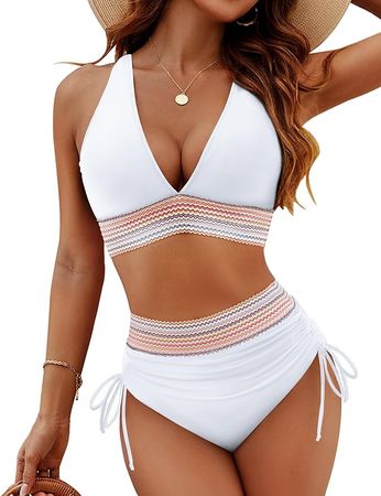 Amazon.com: Blooming Jelly Women High Waisted Bikini Sets Tummy Control Swimsuits Color Block Two Piece Drawstring Bathing Suit : Clothing, Shoes & Jewelry