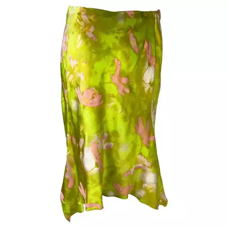 Late 1990s Roberto Cavalli Chartreuse Pink Gold Metallic Floral Satin Skirt For Sale at 1stDibs