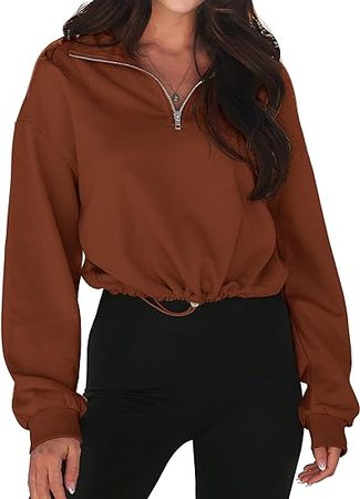 MEROKEETY Women's Quarter Zip Crop Sweatshirt Long Sleeve Stand Collar Drawstring Casual Pullover Top at Amazon Women’s Clothing store