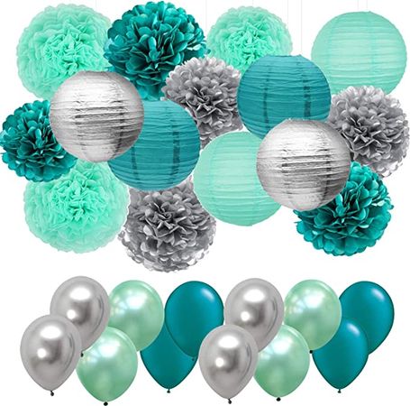 Amazon.com: 45pcs Silver Teal Tissue Paper Pom Poms Lanterns Honeycomb Balls and Balloons for Mermaid Birthday Party Decorations Wedding Bridal Shower Birthday Decorations : Home & Kitchen
