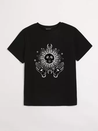 Sun & Moon Graphic T-Shirt | SHEIN USA black