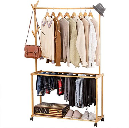 Amazon.com: COPREE Bamboo Rolling Garment Clothes Multifuctional Laundry Rack with 4 Tree Stand Coat Hooks Hanger 1 Hanging Rods and 2-Tier Trouser Pants Shoe Storage Shelves: Home & Kitchen