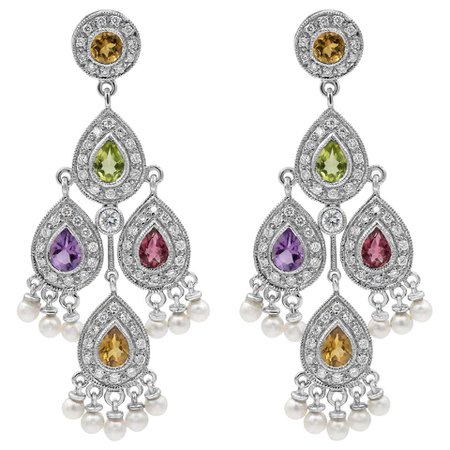 Roman Malakov, Multi-Color Sapphire, Diamond and Pearl Chandelier Earrings For Sale at 1stDibs