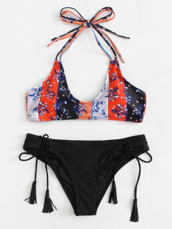Tassel Tie Mix & Match Calico Print Bikini Set