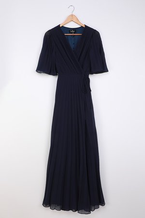Navy Blue Maxi Dress - Pleated Maxi Dress - Maxi Wrap Dress - Lulus