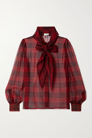 Red Pussy-bow checked silk-chiffon blouse | SAINT LAURENT | NET-A-PORTER