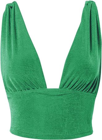 LYANER Women's Sexy Deep V Neck Slim Fitted Strap Crop Cami Tank Sleeveless Top Spring Green Medium at Amazon Women’s Clothing store