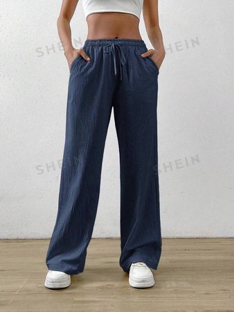 SHEIN EZwear Navy Blue Cotton And Linen Drawstring Waist Slant Pocket Wide Leg Pants | SHEIN