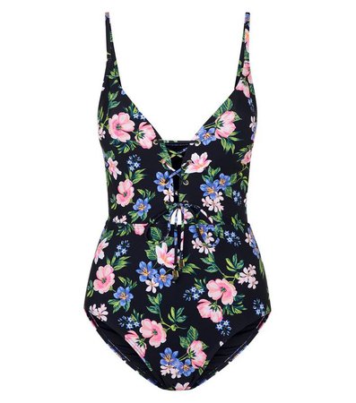 New Look Black Floral Lace Up Swimsuit