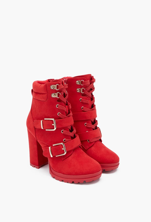 red buckled boots