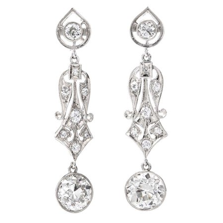 Vintage 3.47cts Large European Diamond Gold Dangle Drop Earrings For Sale at 1stDibs