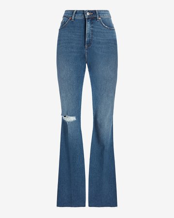 High Waisted Ripped Raw Hem Curvy Flare Jeans | Express