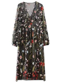 Floral Embroidered See-Through Duster Coat
