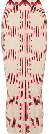 Printed Ribbed Cotton-blend Maxi Skirt - Red