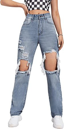 SweatyRocks Women's Casual Loose Ripped Denim Pants Distressed Wide Leg Jeans Solid Light Blue XS at Amazon Women's Jeans store