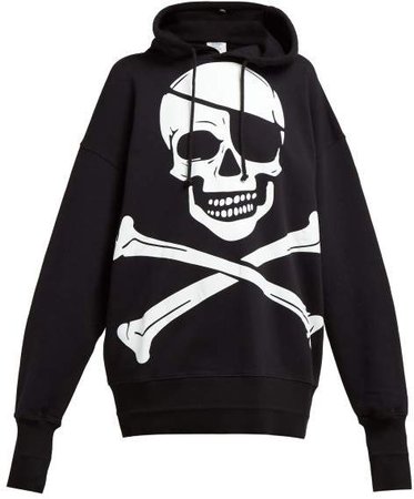 Pirate Print Oversized Cotton Hooded Sweatshirt - Womens - Black