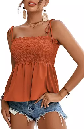 LYANER Women's Tie Shoulder Frill Shirred Ruffle Hem Sleeveless Strappy Cami Blouse Peplum Top Burnt Orange Large at Amazon Women’s Clothing store