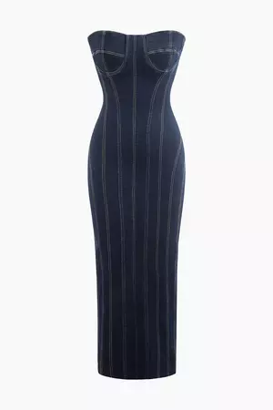 Seam Detail Zipper Slit Denim Strapless Maxi Dress – Micas