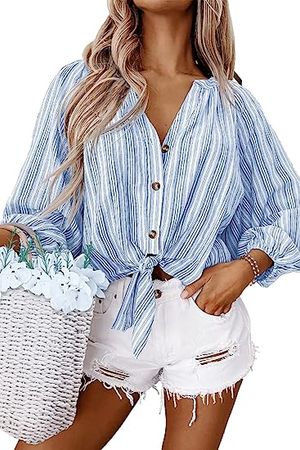 Zeagoo Womens Button Down V Neck Tie Knot Front Tops Cotton Long Sleeve Casual Blouse Shirts at Amazon Women’s Clothing store