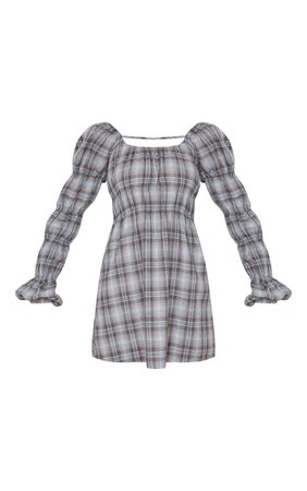 GREY CHECK PRINT ELASTIC DETAIL LONG SLEEVE SHIFT DRESS