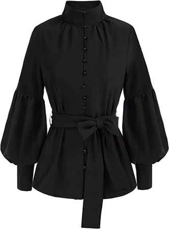 Women's Elegant Blouse Vintage Retro Stand Collar Long Sleeve Tops Shirt Black S at Amazon Women’s Clothing store