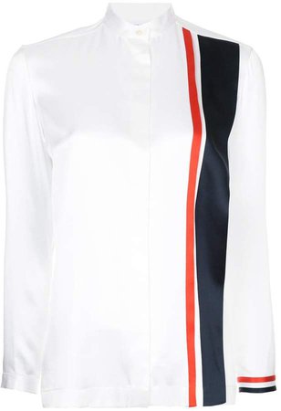 Band Collar Blouse With Repp Stripe Inserts In White Silk Charmeuse
