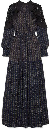 Macramé Lace-paneled Fil Coupé Chiffon Maxi Dress - Navy
