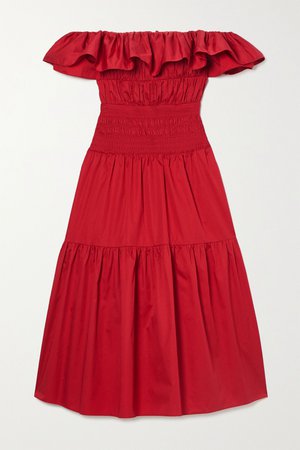 Red Off-the-shoulder shirred ruffled cotton-poplin midi dress | Self-Portrait | NET-A-PORTER