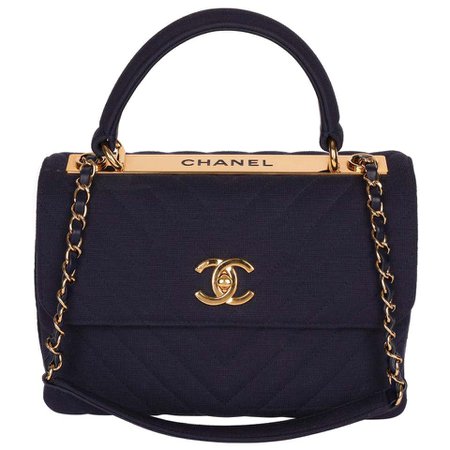 Chanel Navy Chevron Quilted Jersey Fabric Small Trendy CC Top Handle Flap Bag